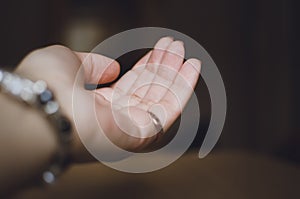 Human palm, close-up. The concept of request, help