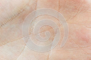 Human palm skin texture background. Macro photo, close up. Palmistry concept