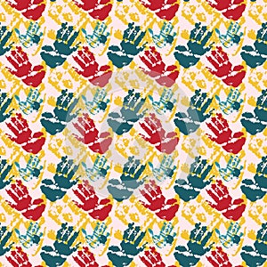 Human palm symbol of friendship and support, seamless pattern with human hand print quintuple