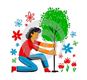 Human planting tree. Environment care, ecological issues, saving nature and day of Earth concept. Cartoon flat vector