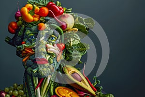 A human portrait created entirely from an assortment of vibrant fruits and vegetables, symbolizing the abundance of photo