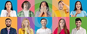 Human portraits set with diverse emotional men and women on colorful studio backgrounds, panorama