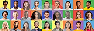 Human portraits set with men and women of various ages and races smiling and being happy on colorful studio backgrounds