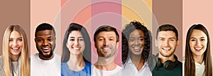 Human portraits set with smiling multiethnic men and women on colorful studio backgrounds, panorama