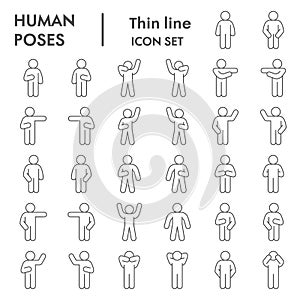 Human poses thin line icon set. Figure symbols collection or vector sketches. Basic body language signs for computer web