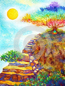 Human powerful energy meditate under colorful tree rock stair blue sky watercolor painting illustration design hand drawn