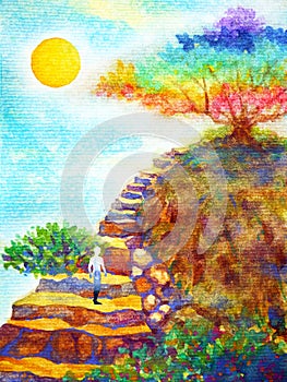 Human powerful energy stand on rock stair to colorful tree blue sky watercolor painting illustration design hand drawn