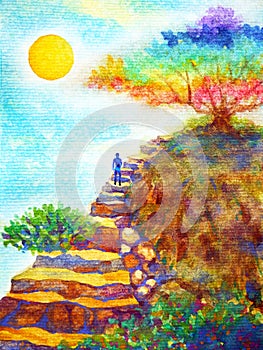 Human powerful energy walking on rock stair under colorful tree and blue sky watercolor painting illustration design hand drawn