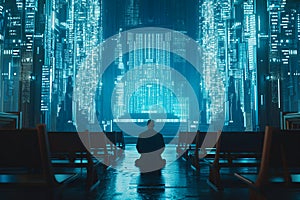 Human praying to AI god with glowing blue symbols in the background