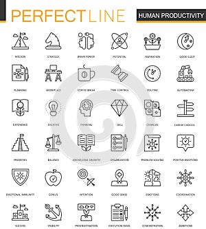 Human productivity thin line web icons set. Task concentration outline stroke icons design.