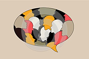 Human profile head discussion in dialogue bubble.