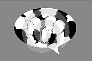 Human profile head discussion in dialogue bubble.