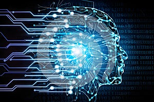 Human profile of interconnected lines, binary code backdrop, merging form with technology