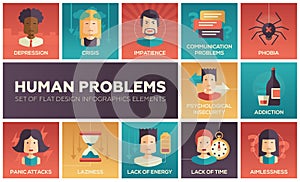 Human psychological problems- flat design icons set