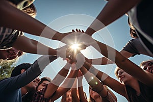 Human Pyramid Against Blue Sky