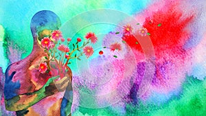 Human red heart healing flower flow in universe love spiritual mind mental health chakra power abstract soul art watercolor