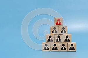 Human resource. boss icon on wooden cube block on top pyramid stack on blue background with copy space