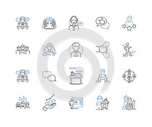 Human resource flow line icons collection. Recruitment, Staffing, Training, Development, Onboarding, Retention