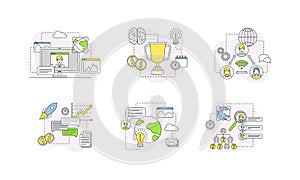 Human resource management, business analytics and data analysis linear signs set vector illustration