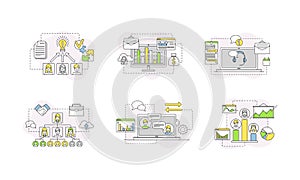 Human resource management, business analytics, finance, data analysis linear signs set vector illustration