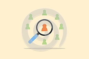 Human resource management concept. Magnifier glass focus on the orange human icon for a select employee. Human development recruit