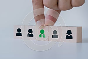 Human Resource Management concept. Strategic HR Selection, Manager's Hand Choosing the Right Candidate from People Icons