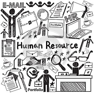 Human resource management in organization handwriting doodle icon