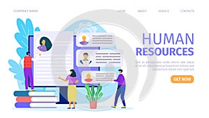 Human resources, employee recruitment for job, vector illustration. Business candidate resume at computer screen