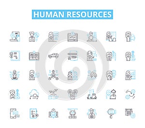 Human resources linear icons set. Recruitment, Hiring, Onboarding, Training, Development, Performance, Management line