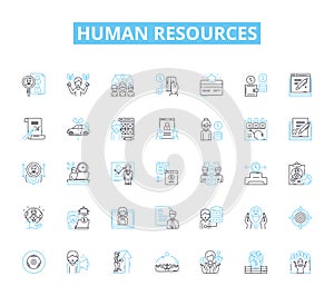 Human resources linear icons set. Recruitment, Hiring, Onboarding, Training, Development, Performance, Management line