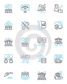 Human resources linear icons set. Recruitment, Hiring, Training, Development, Performance, Compensation, Benefits line