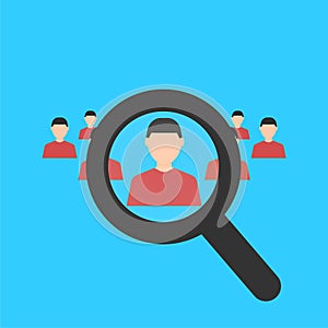 Human resources. Magnifier searching a man. Search for employe. Recruitment. Business concept. Flat design