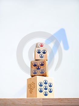 Human resources management, leader, manage, recruitment business team building concepts. Red people icon on the top of wooden cube