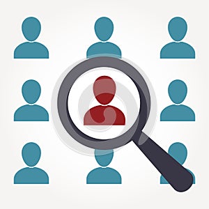 Human resources and recruitment symbol. Magnifying glass and man silhouette icon. Vector illustration.