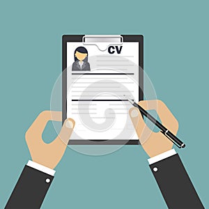 Human resources. Resume or curriculum vitae. Choice of person. Person suitable for the work. Vector illustration