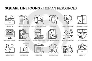 Human resources, square line icon set