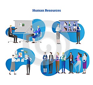 Human resources vector illustration collection set. Searching for professional employee or job candidate from interview and CV.