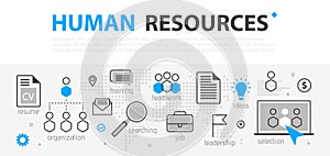 Human resources web banner concept. Outline line business icon set. HR Strategy team, teamwork and corporate organization i