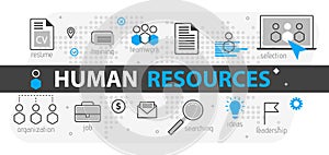 Human resources web banner concept. Outline line business icon set. HR Strategy team, teamwork and corporate organization i