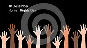 Human right day concept. International peace. Hands of various skin colors raised on black background. Equality icon.