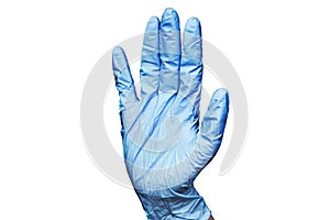 Human right hand in blue rubber medical glove on white background isolated closeup, one surgeon hand in latex protective glove