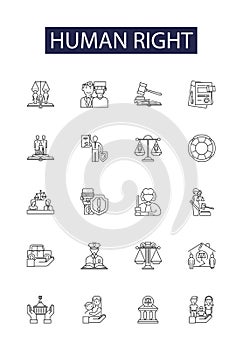 Human right line vector icons and signs. Equality, Freedom, Respect, Dignity, Identity, Autonomy, Protection, Security