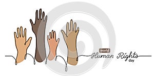 Human rights day concept, banner, background with color hands. One line drawing art illustration with lettering world