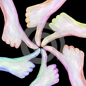 Human Rights day.Hands thumb up isolated on black background.Drawing hands