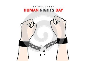 Human rights day. International peace. Arm handcuffed is breaking the chain. Concept of freedom from oppression, slavery.