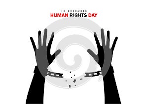 Human rights day. International peace. Silhouette of hand is breaking chain. Concept of freedom from oppression, slavery.