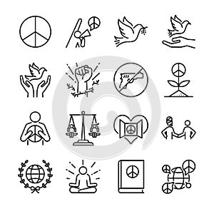 Human rights line icon set. Included the icons as moral, peace, activism, dove, freedom, open mind, global and more.