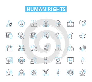 Human rights linear icons set. Equality, Dignity, Justice, Liberty, Freedom, Discrimination, Empowerment line vector and