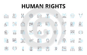 Human rights linear icons set. Equality, Dignity, Justice, Liberty, Freedom, Discrimination, Empowerment vector symbols