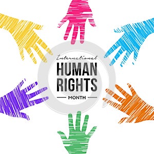 Human Rights Month card of diverse people hands